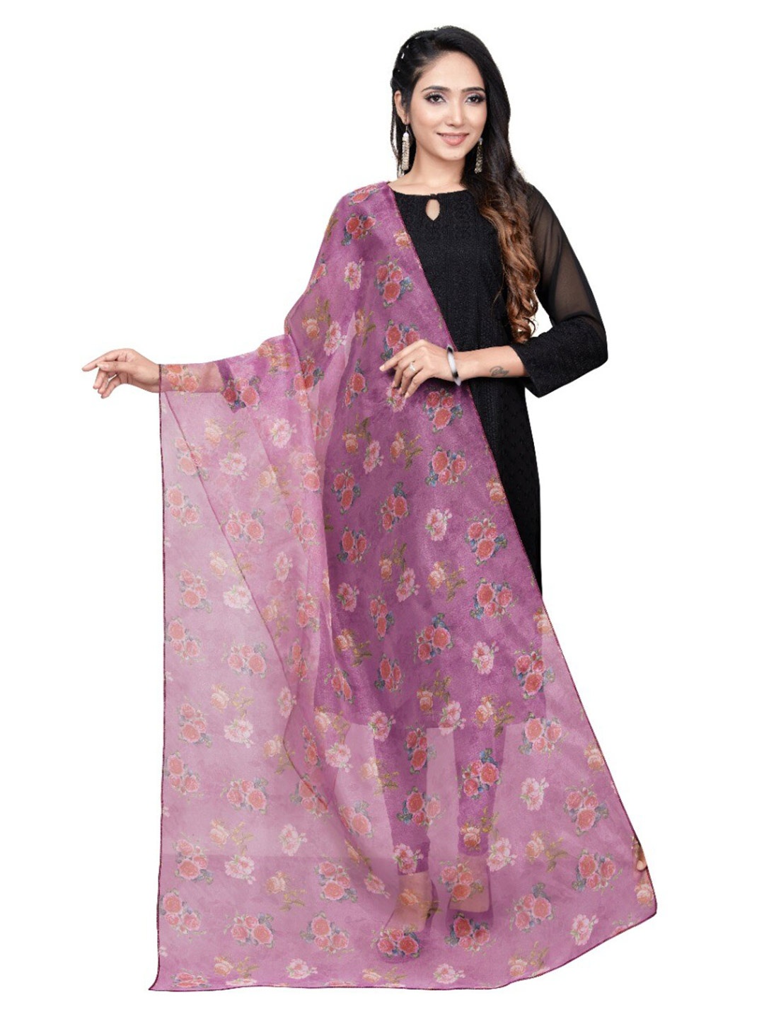 

TORONFRAS Pink & Orange Printed Organza Dupatta