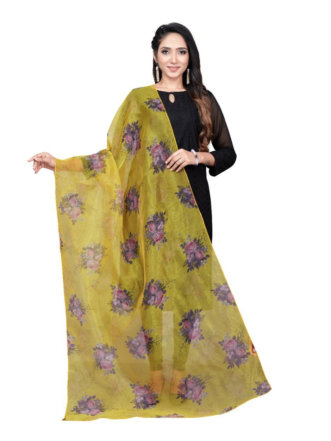 

TORONFRAS Yellow & Purple Printed Organza Dupatta