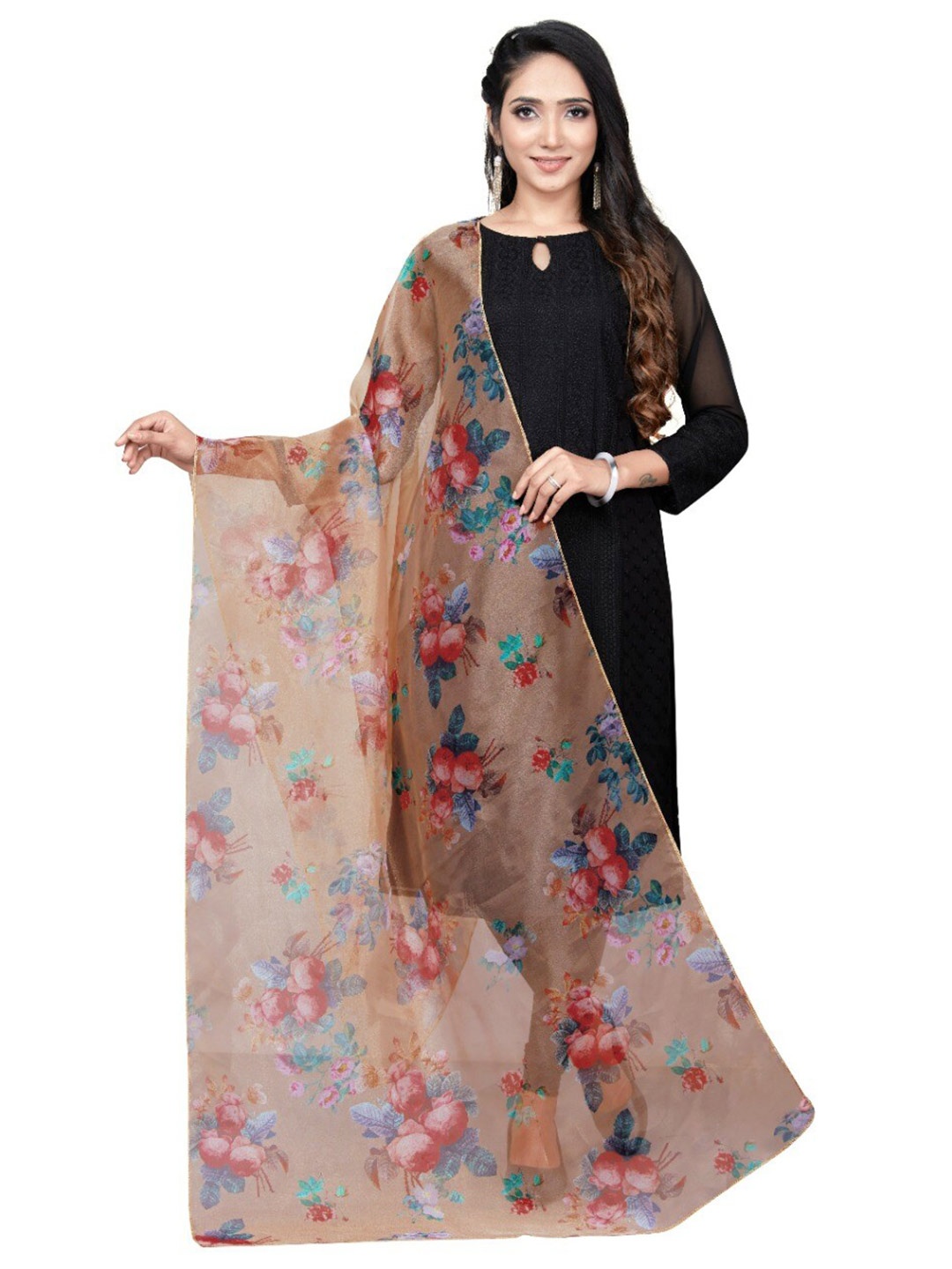 

TORONFRAS Beige & Red Printed Organza Dupatta