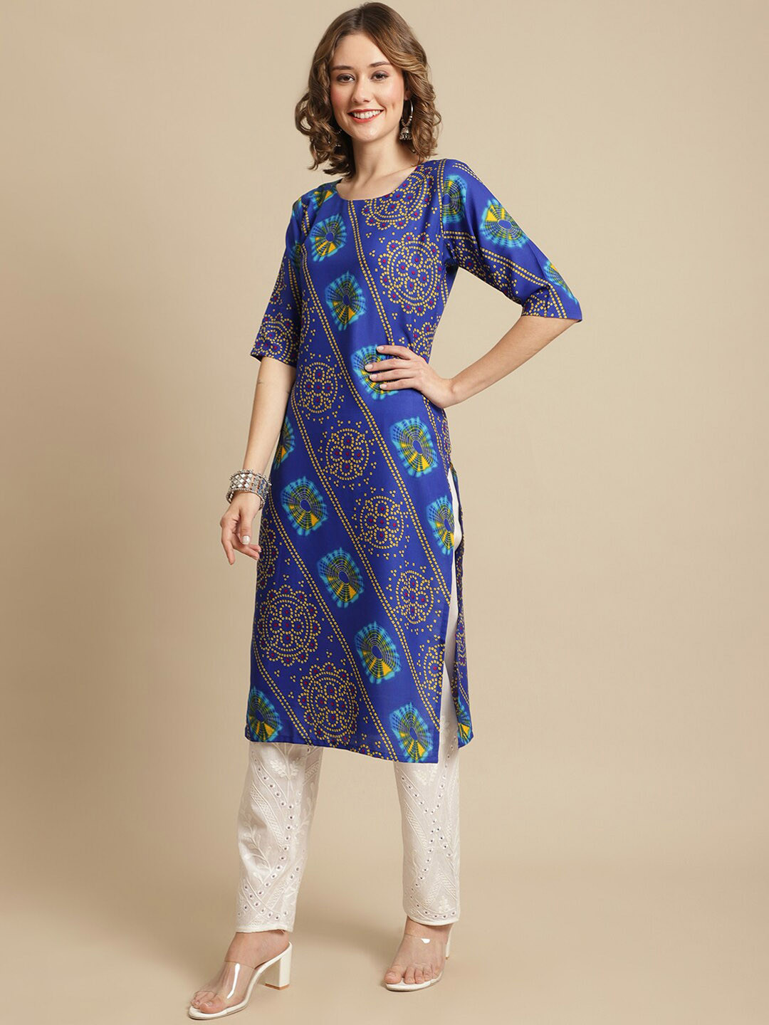 

7Threads Women Blue Bandhani Printed Crepe Straight Fit Kurta