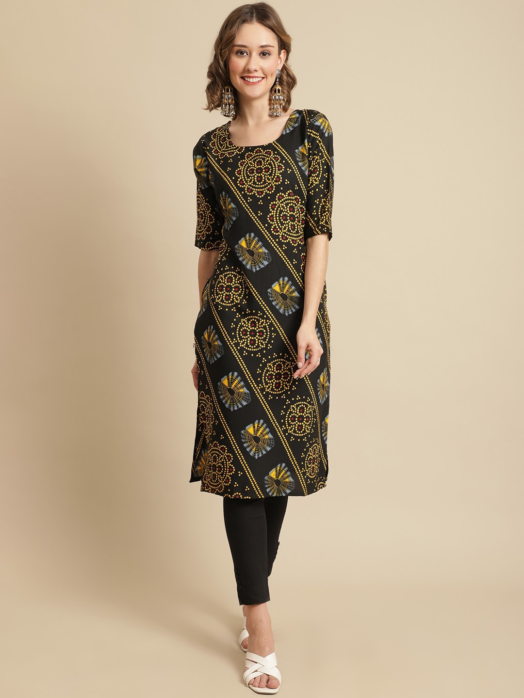 

7Threads Bandhani Printed Crepe Straight Fit Kurta, Black