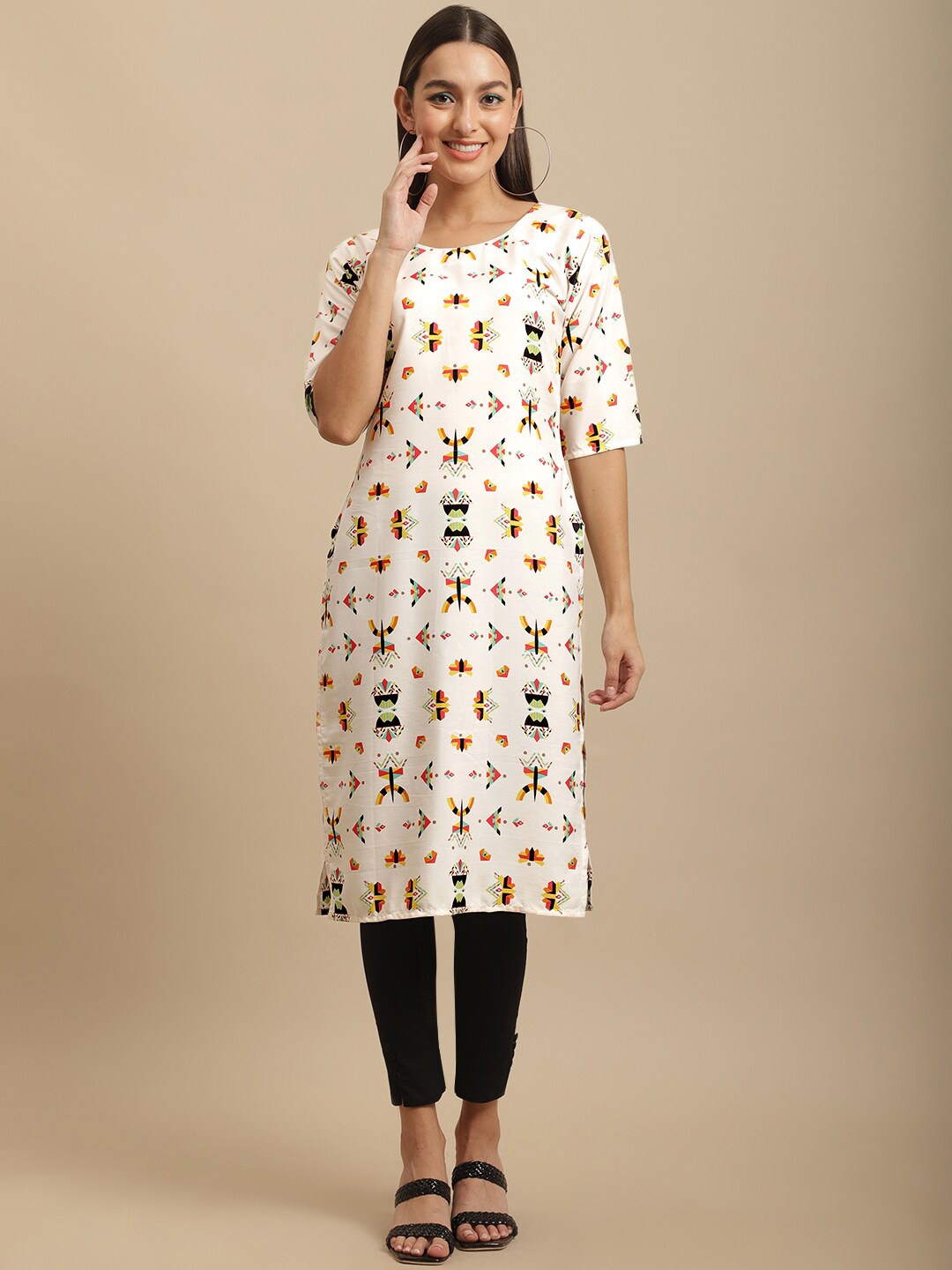 

7Threads Women White Tribal Printed Straight Fit Crepe Kurta