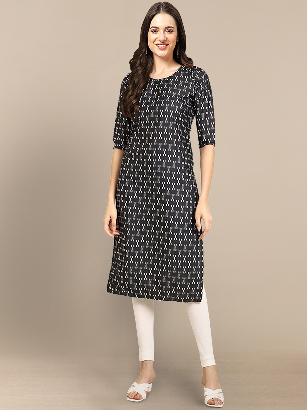 

7Threads Abstract Printed Straight Fit Crepe Kurta, Black
