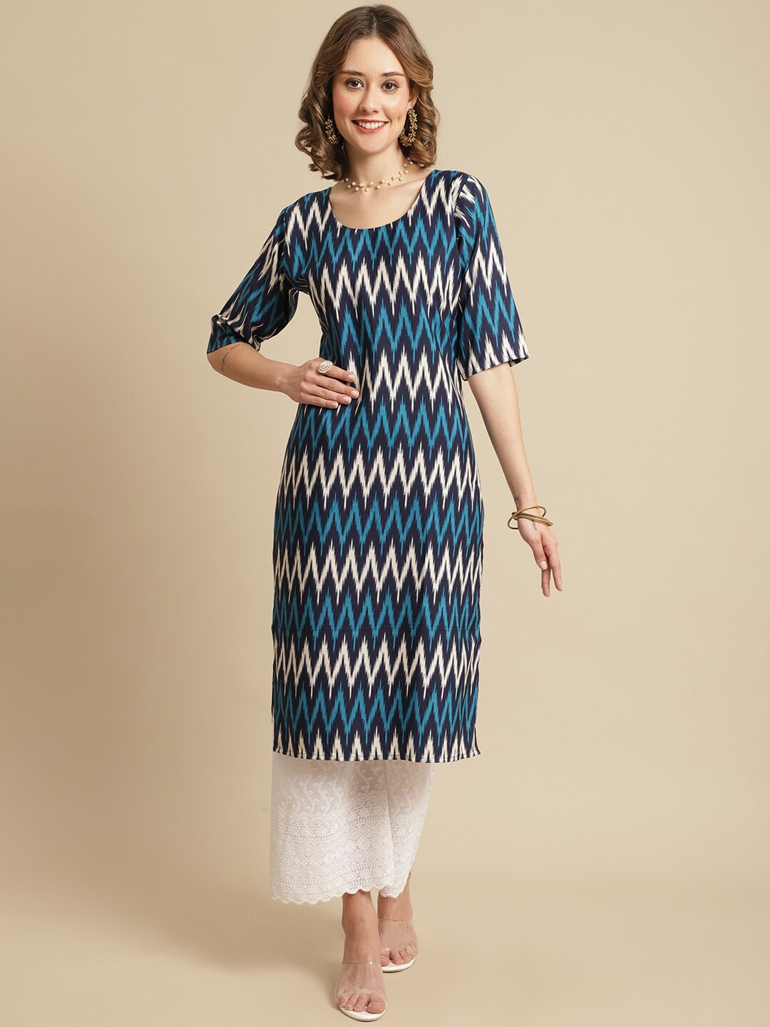 

7Threads Chevron Printed Straight Fit Crepe Kurta, Blue