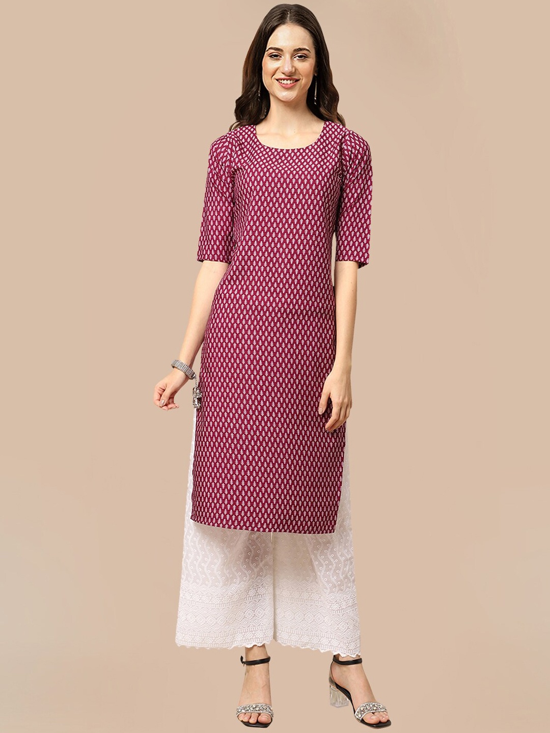

7Threads Women Magenta Ethnic Motifs Printed Straight fit Crepe Kurta