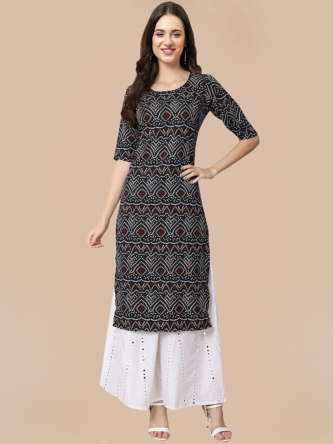 7Threads Bandhani Printed Straight Fit Crepe Kurta, Black