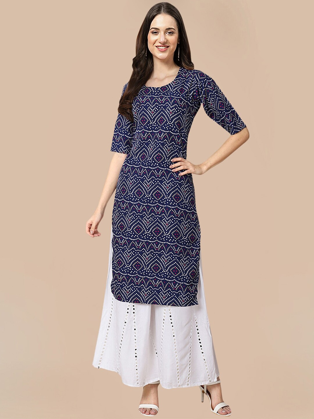

7Threads Women Navy Blue Geometric Printed Crepe Kurta