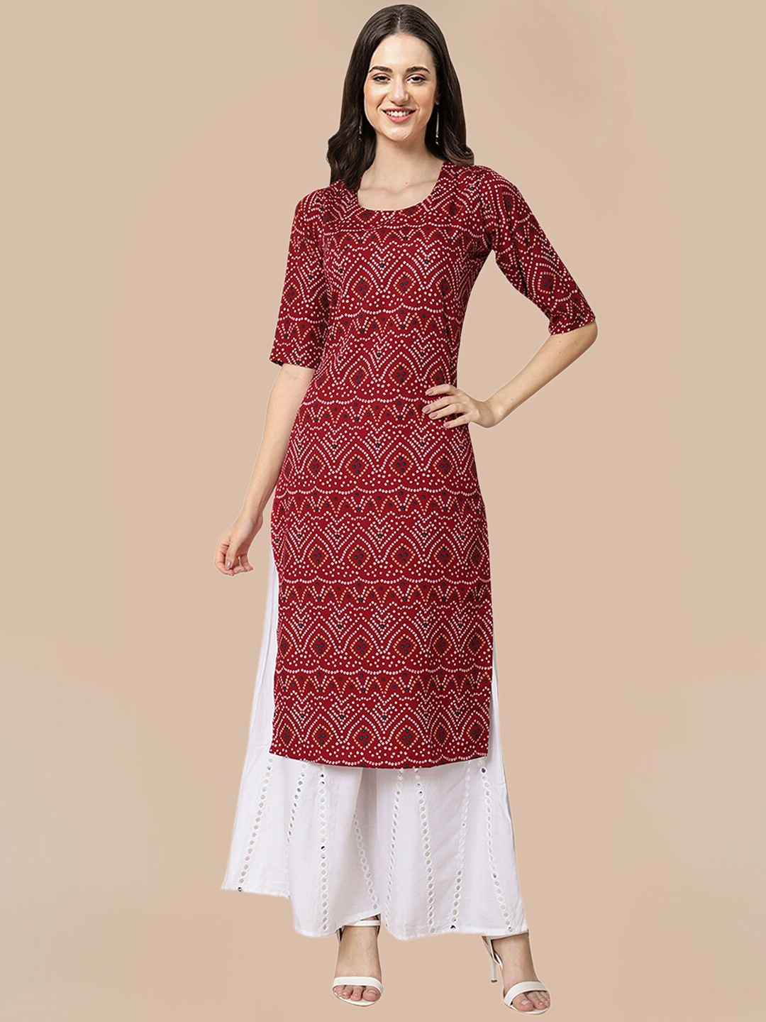 7Threads Women Maroon Geometric Printed Crepe Kurta