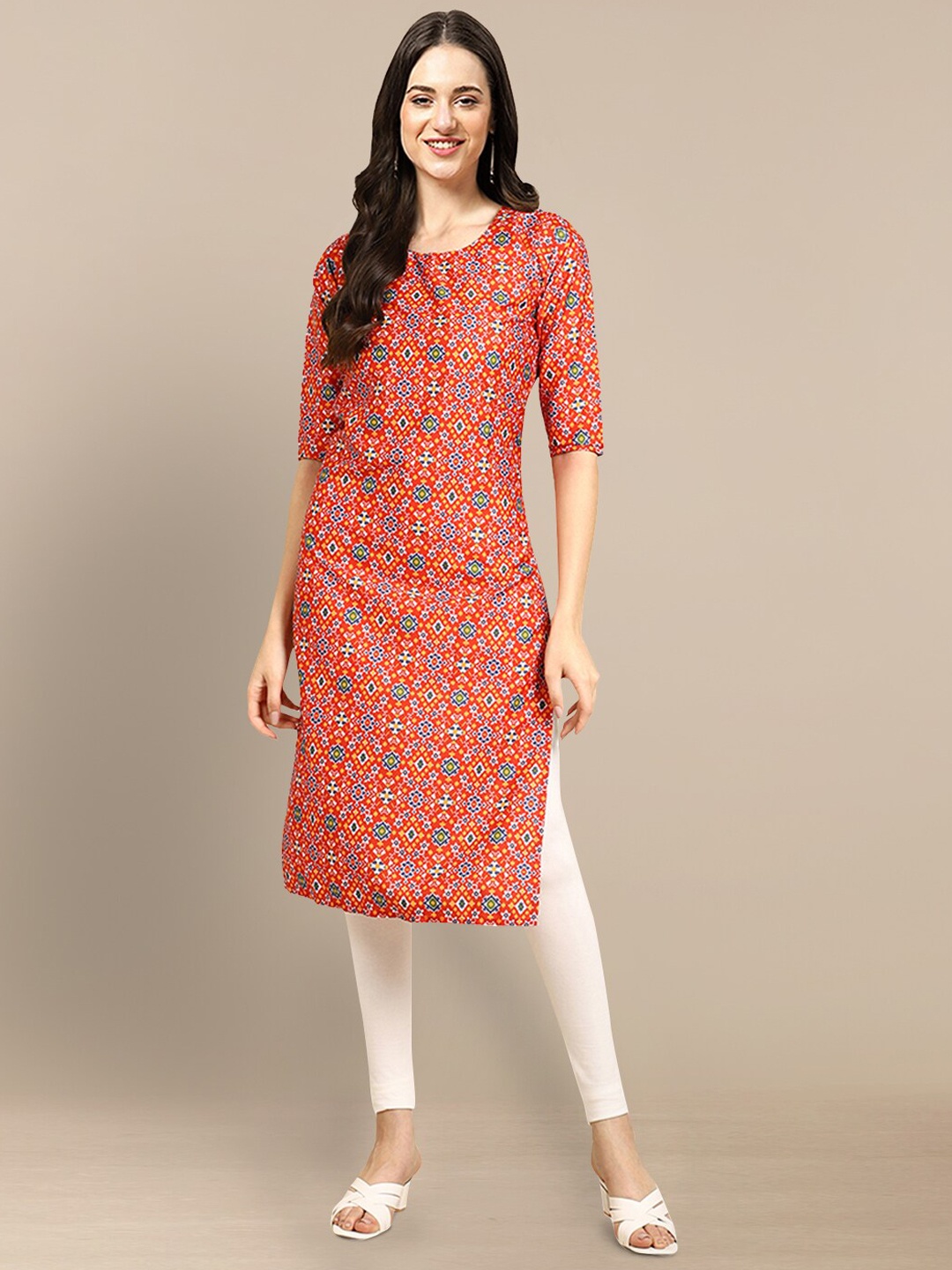 

7Threads Women Orange Geometric Printed Crepe Kurta