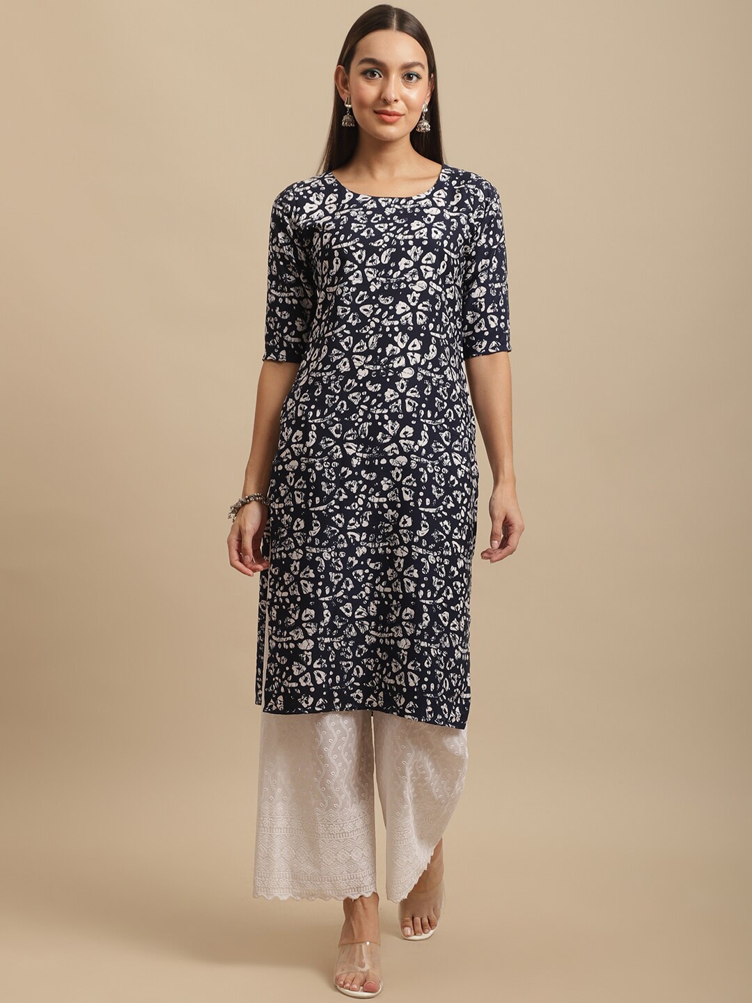 

7Threads Ethnic Motifs Printed Straight Regular Crepe Kurta, Navy blue