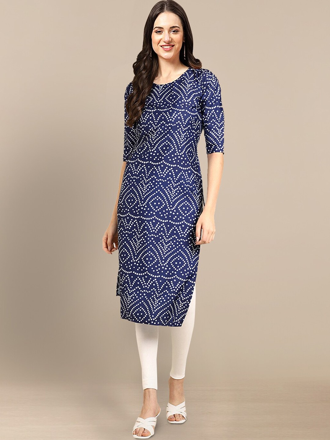 

7Threads Round Neck Bandhani Printed Crepe Kurta, Blue