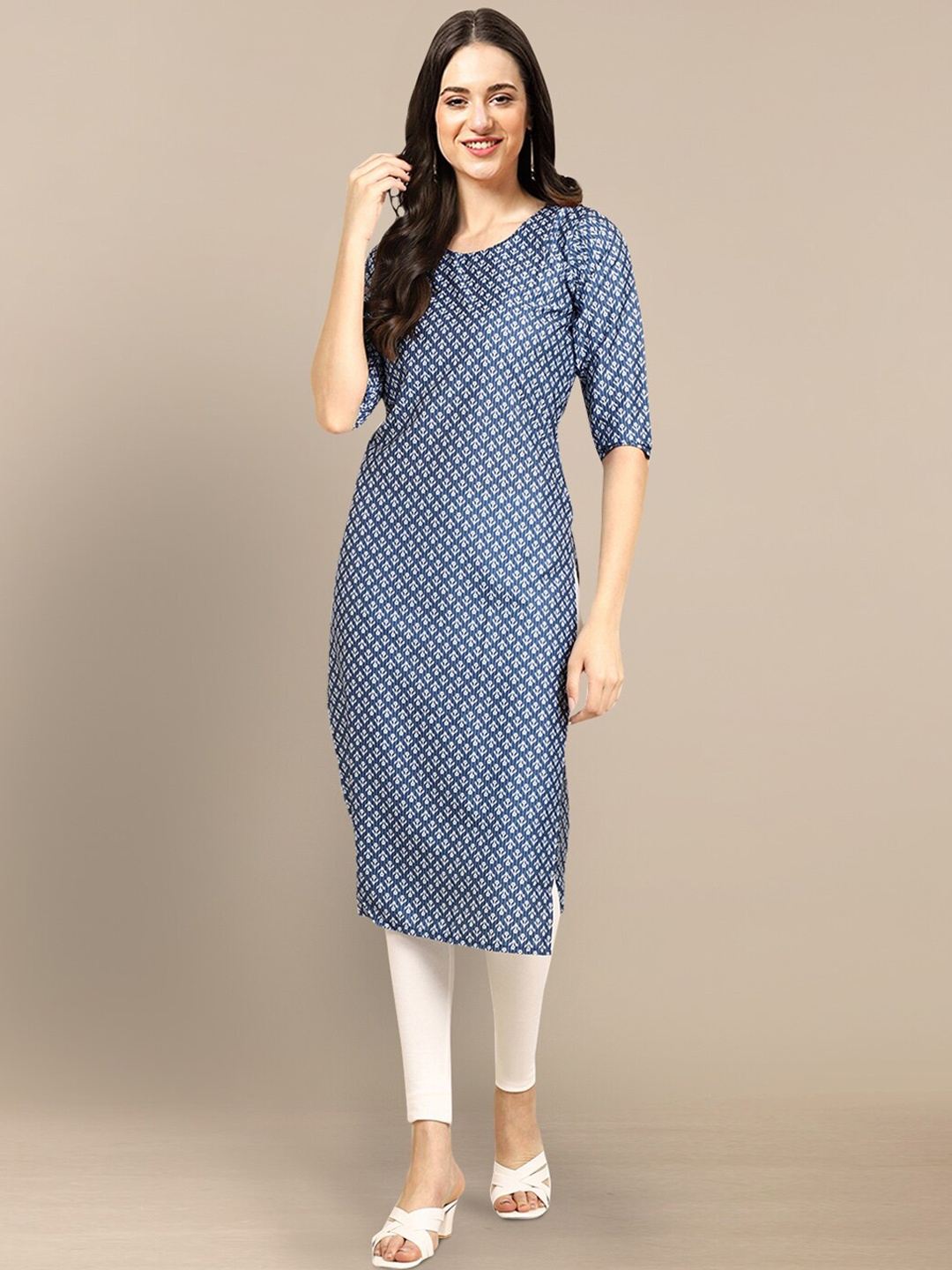 

7Threads Floral Printed Crepe Kurta, Blue