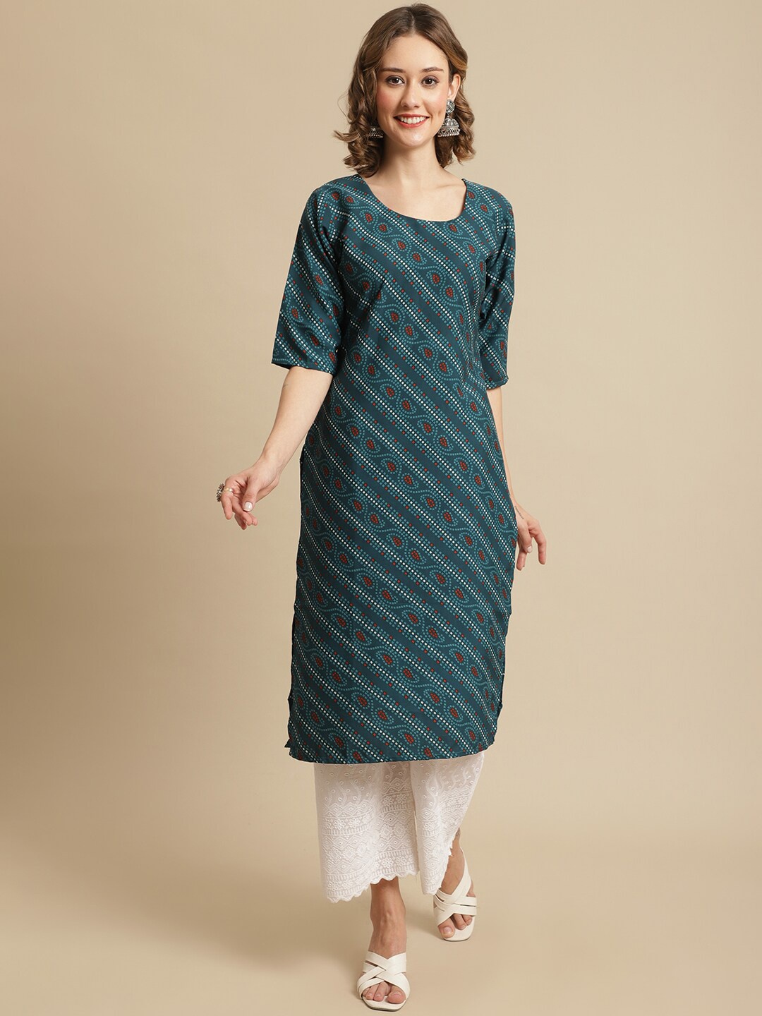 

7Threads Ethnic Motifs Printed Straight Regular Crepe Kurta, Teal