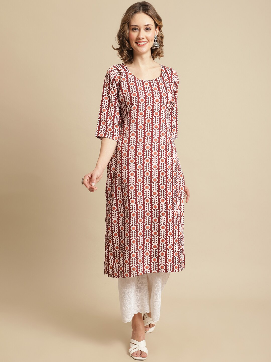

7Threads Ethnic Motifs Printed Crepe Kurta, Maroon
