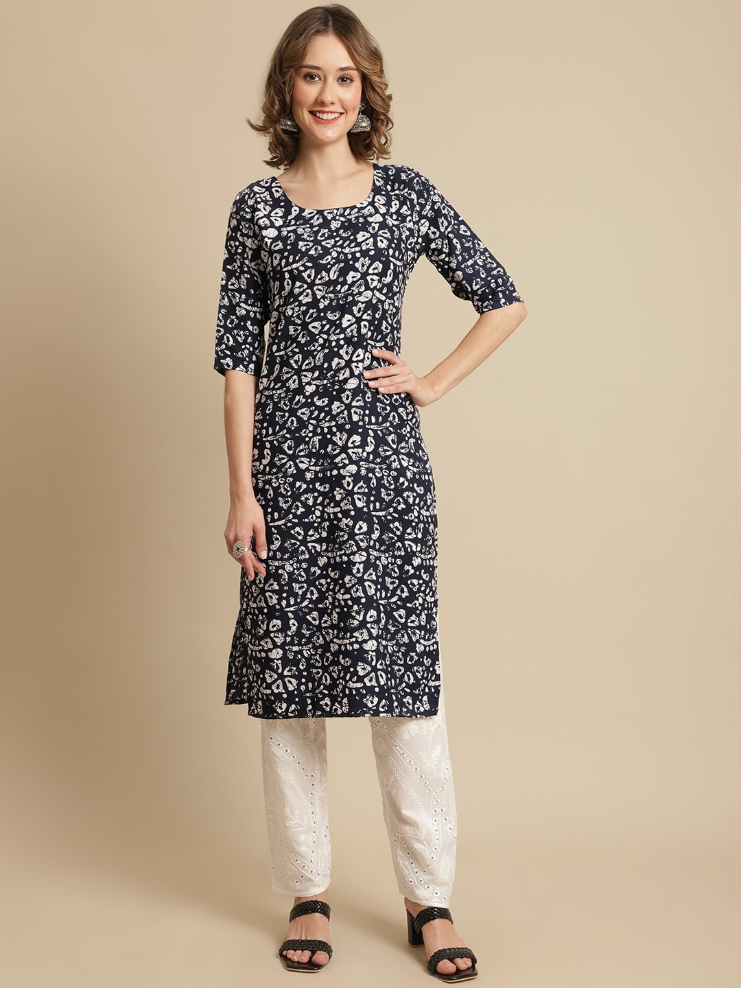 

7Threads Floral Printed Crepe Kurta, Navy blue