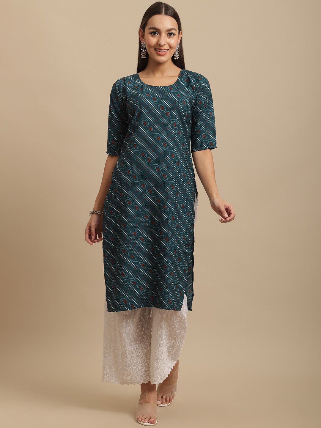 

7Threads Printed Striped Crepe Straight Kurta, Teal