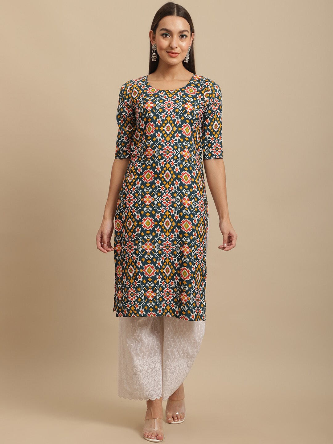 7Threads Ethnic Motifs Printed Crepe Kurta, Green