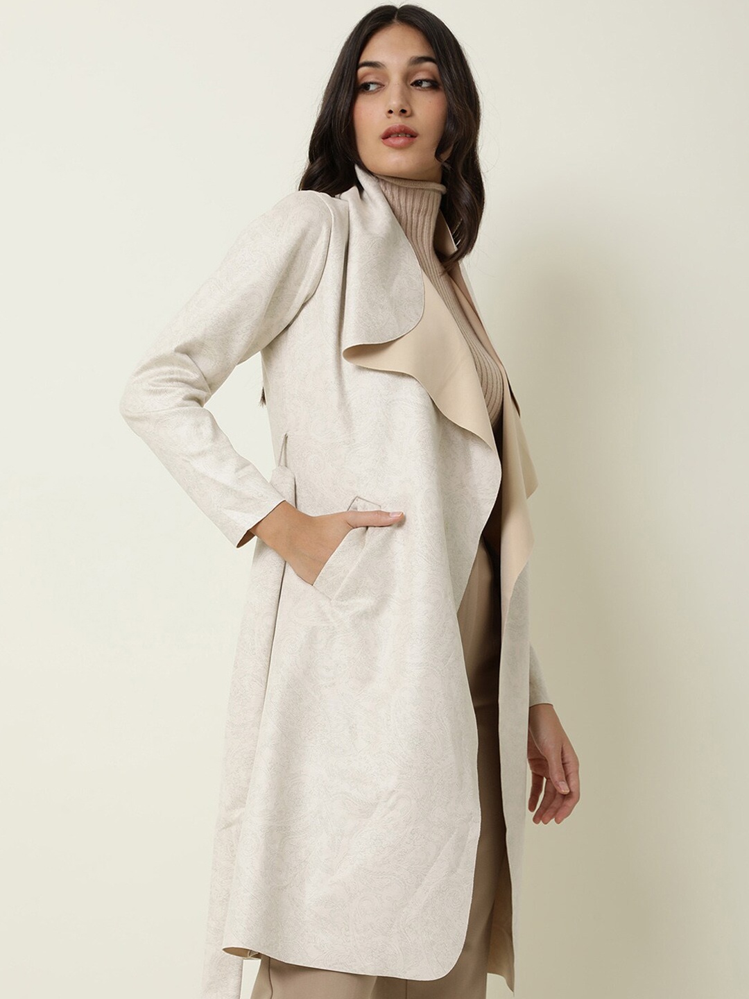 

RAREISM Women Beige Solid Longline Open Front Jacket