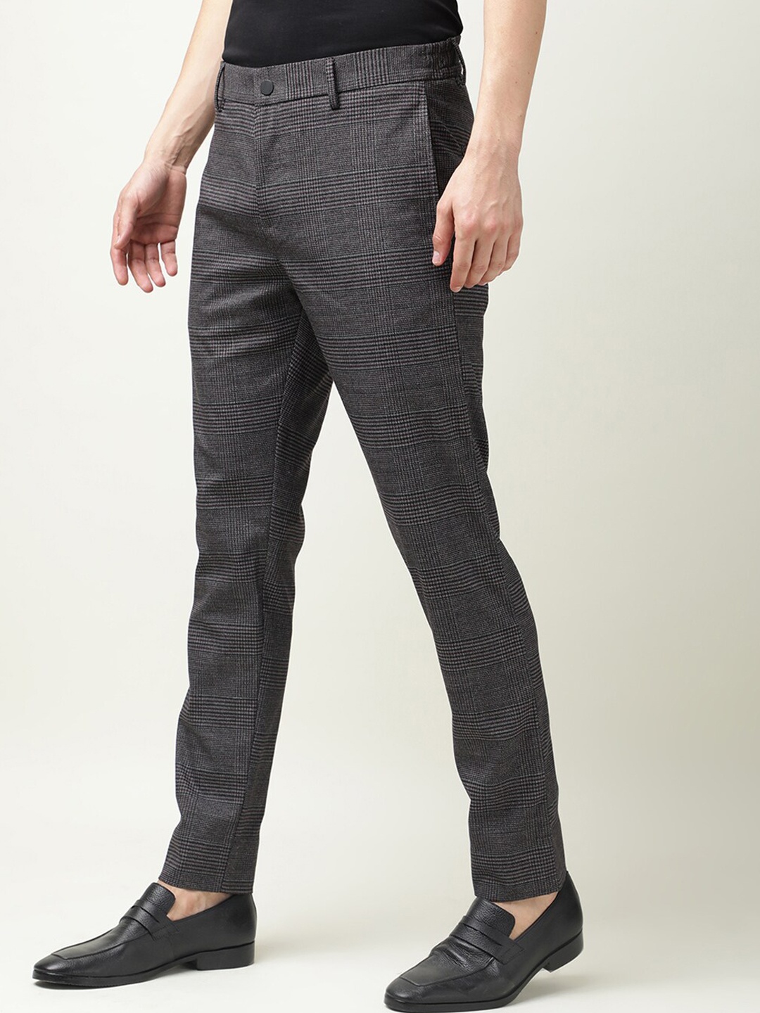 

RARE RABBIT Men Pact Mid Rise Checked Slim Fit Trouser, Grey