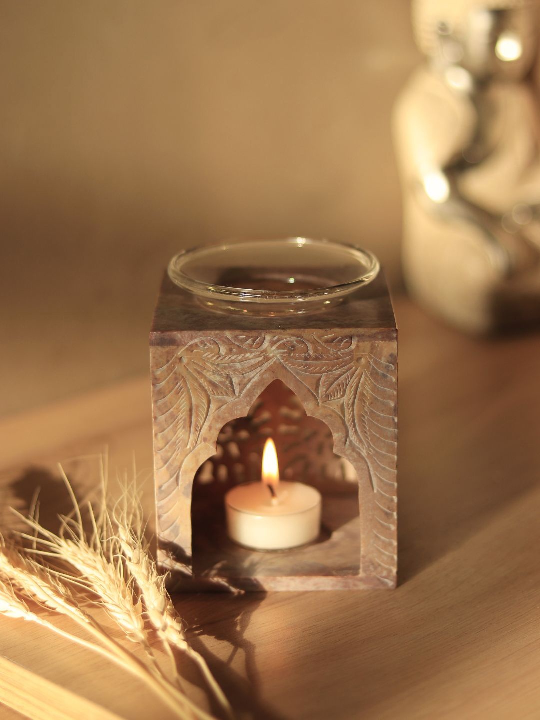 

Unravel India Brown Textured Soapstone Aroma Oil Diffuser With Tea-Light Holder