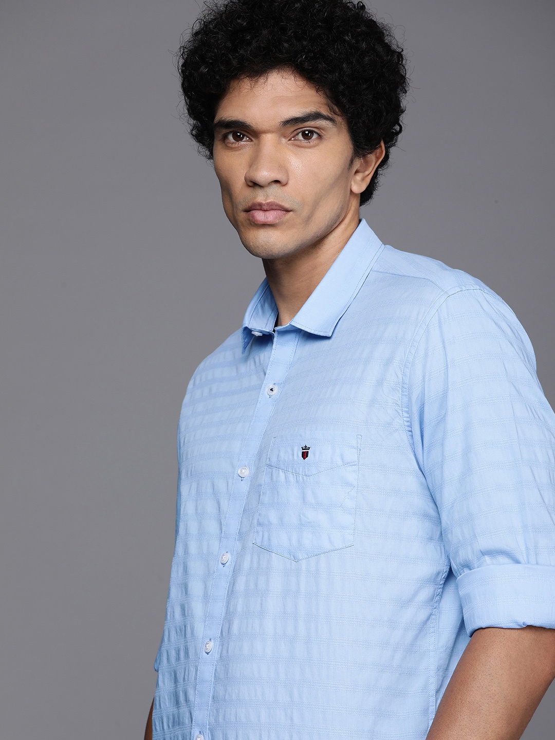 

Louis Philippe Sport Slim Fit Self-Striped Pure Cotton Casual Shirt, Blue