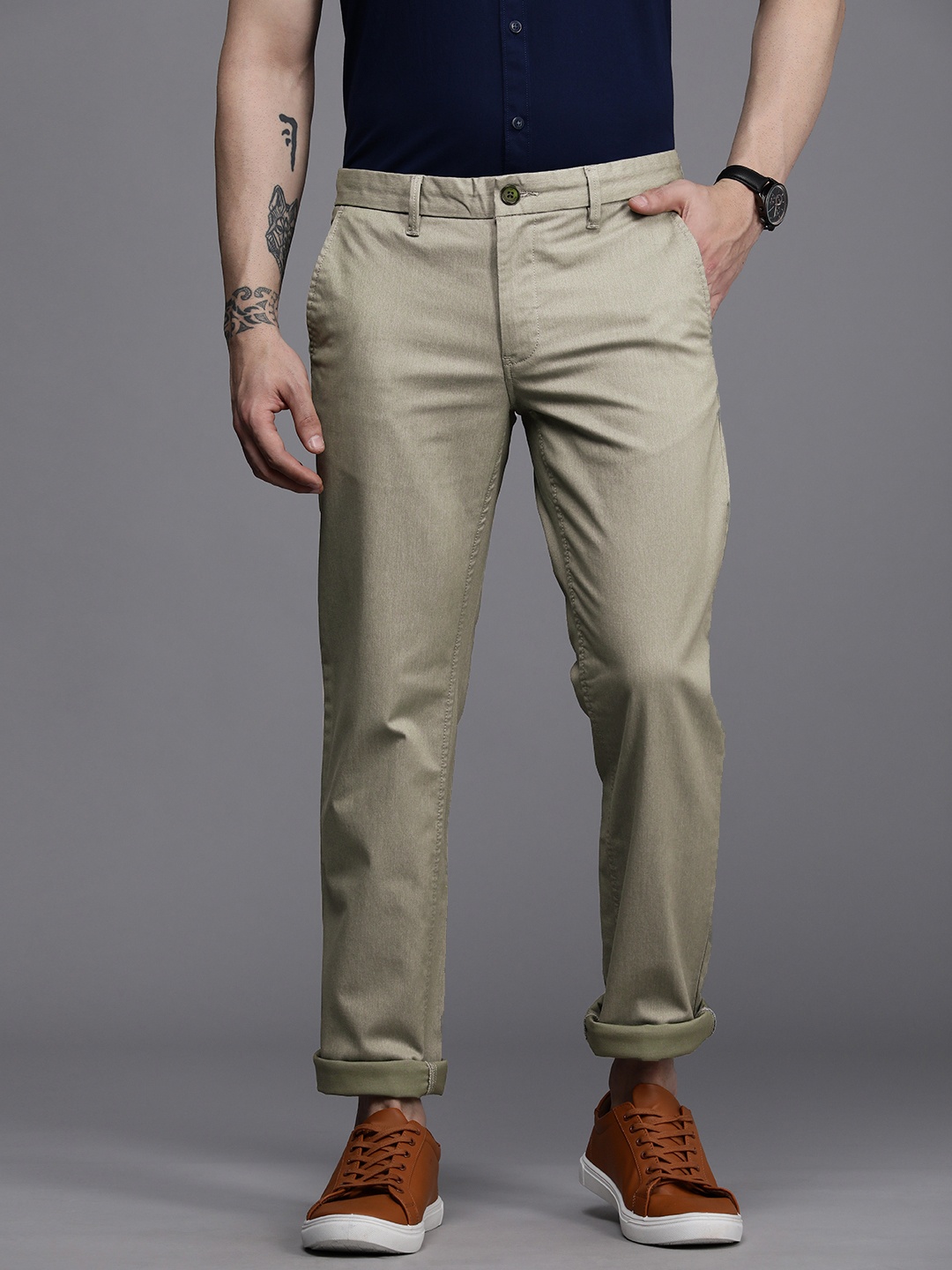 

Louis Philippe Sport Men Tapered Fit Flat Front Casual Trousers, Olive