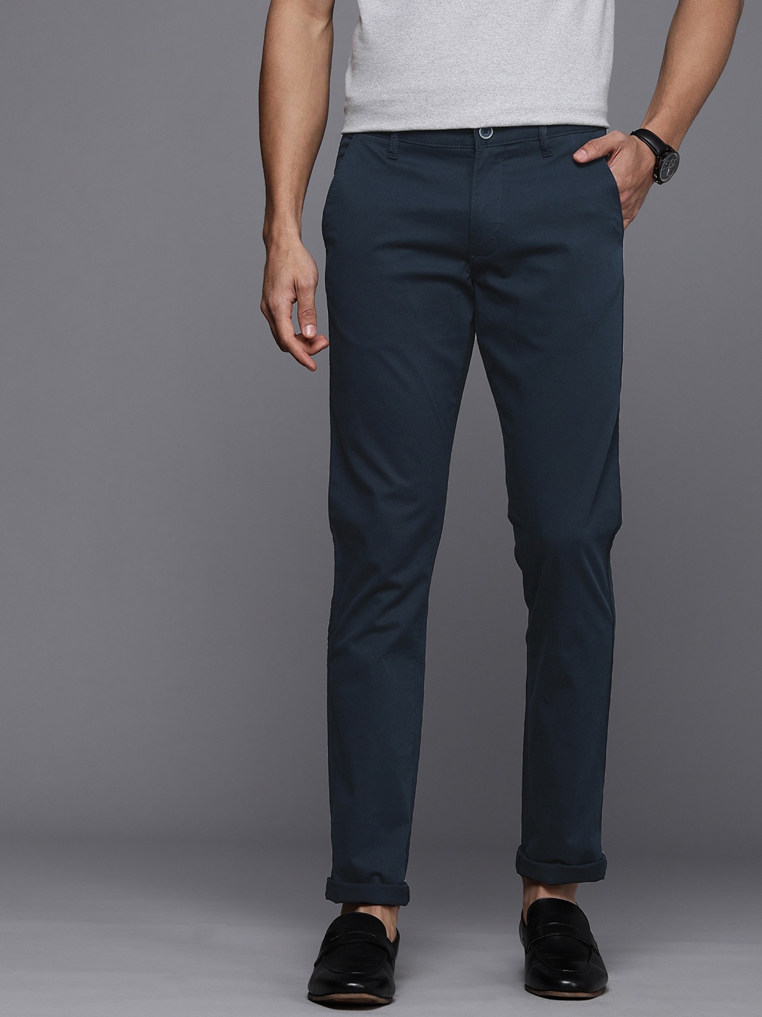 

Louis Philippe Sport Men Solid Super Slim Fit Mid-Rise Casual Trousers, Navy blue