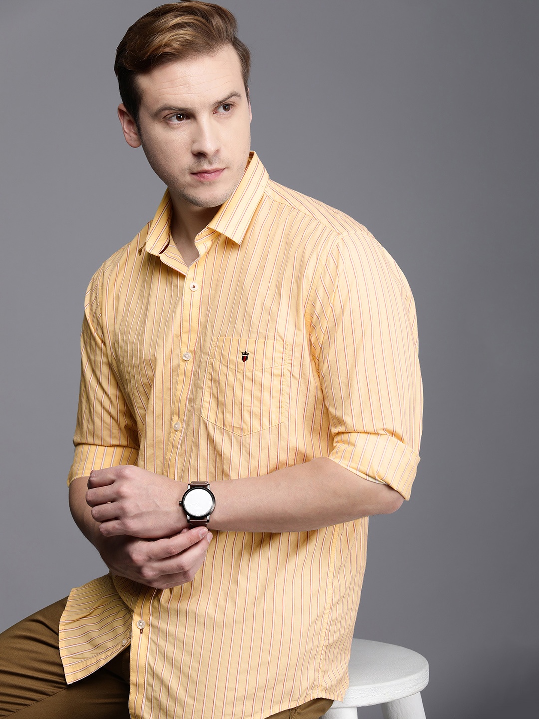 

Louis Philippe Sport Men Yellow & White Slim Fit Striped Pure Cotton Casual Shirt