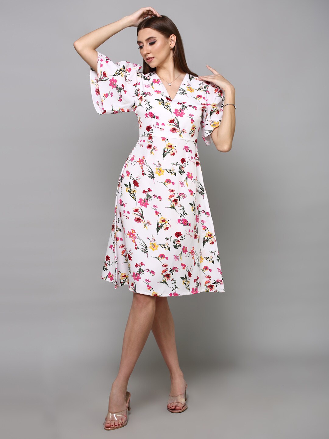 

aturabi Women White & Red Floral Crepe Fit and Flare Dress