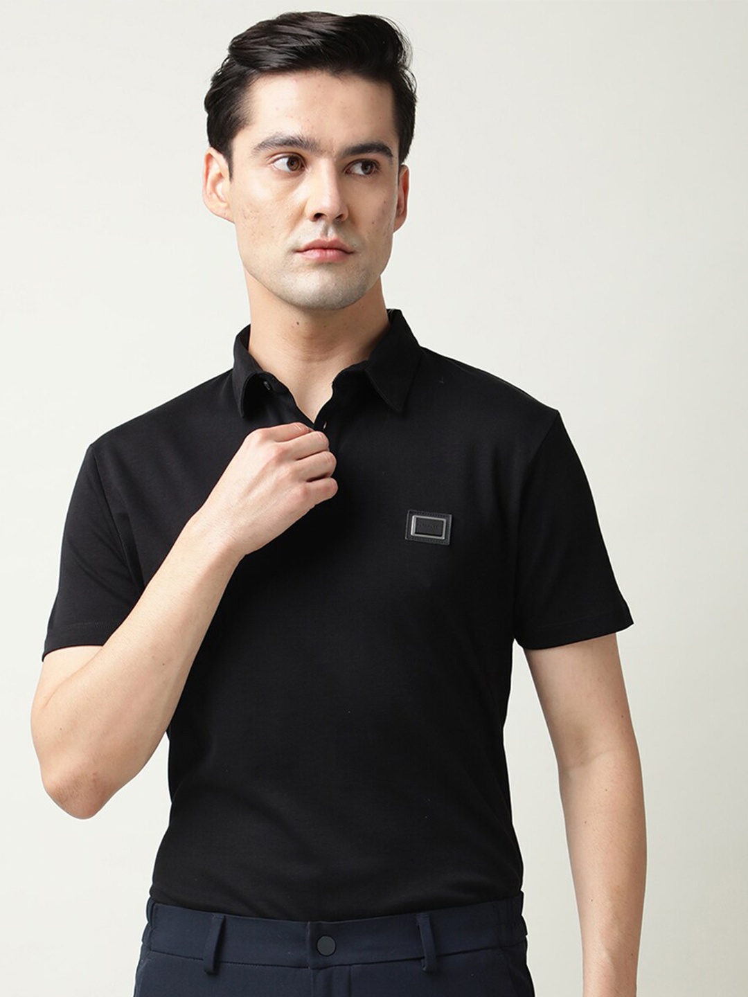 

RARE RABBIT Men Badge Polo Collar Slim Fit T-Shirt, Black