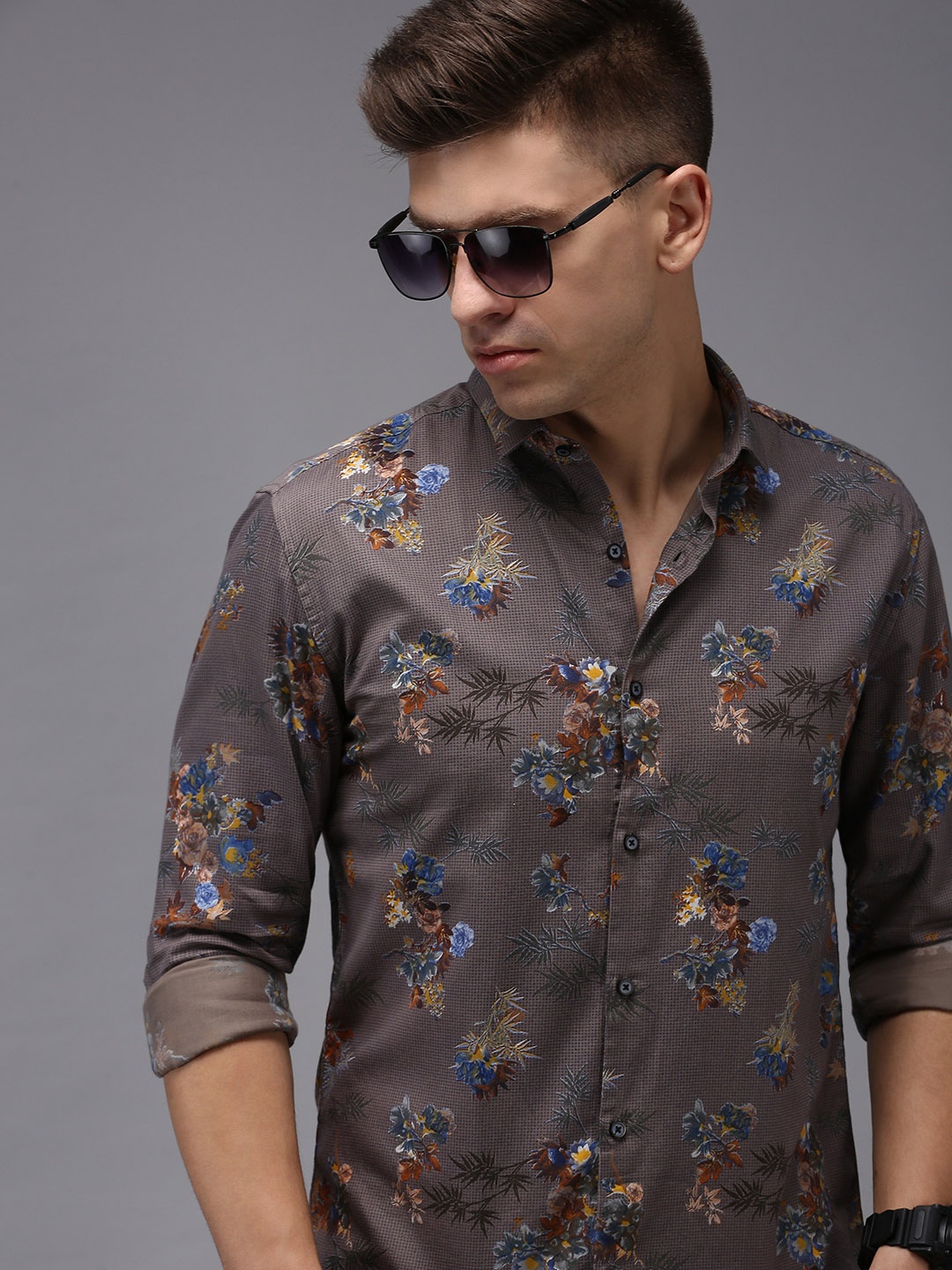 

SHOWOFF Men Grey Comfort Floral Printed Cotton Casual Shirt