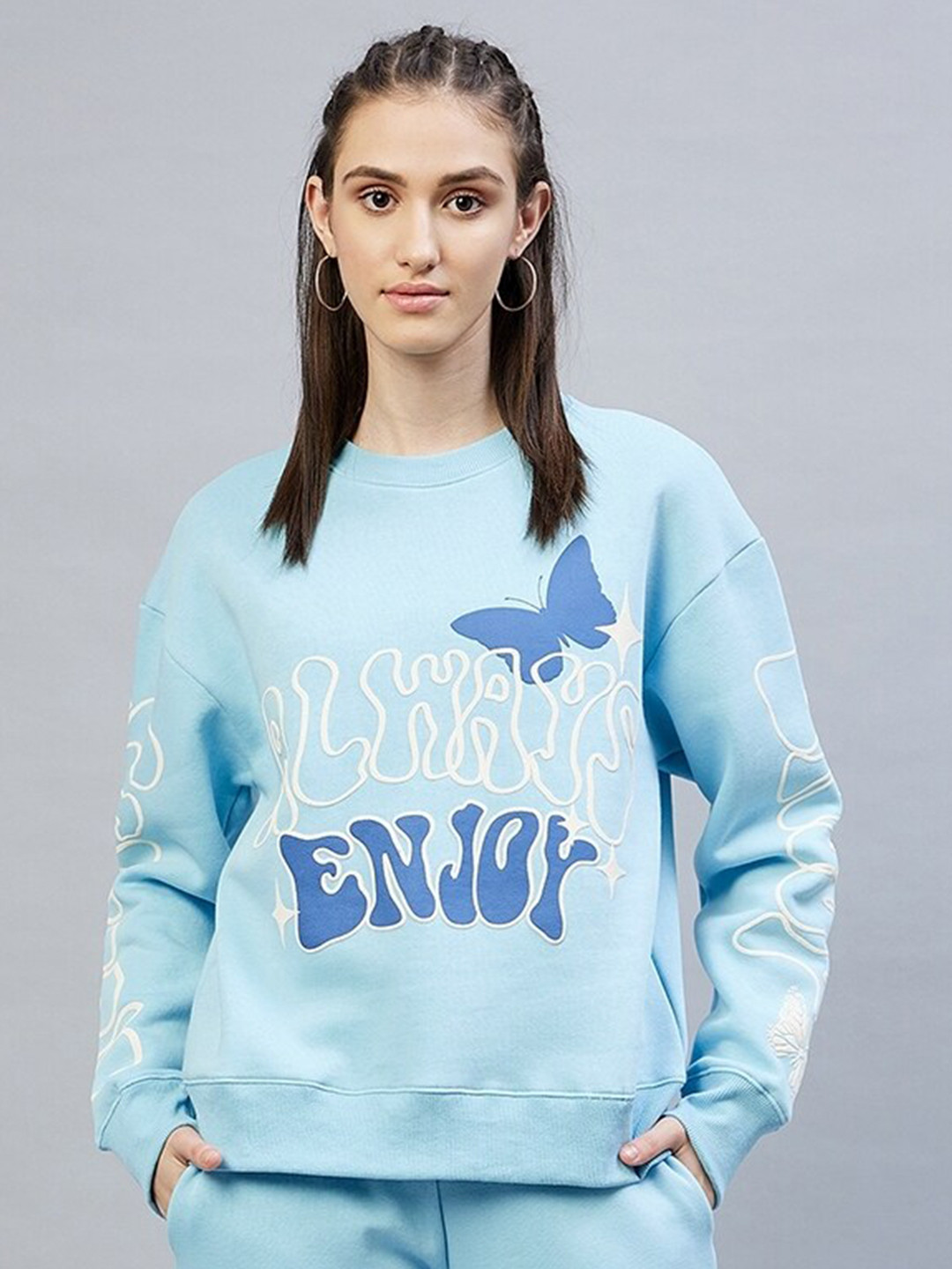 

DELAN Women Turquoise Blue Printed Fleece Round Neck Sweatshirt