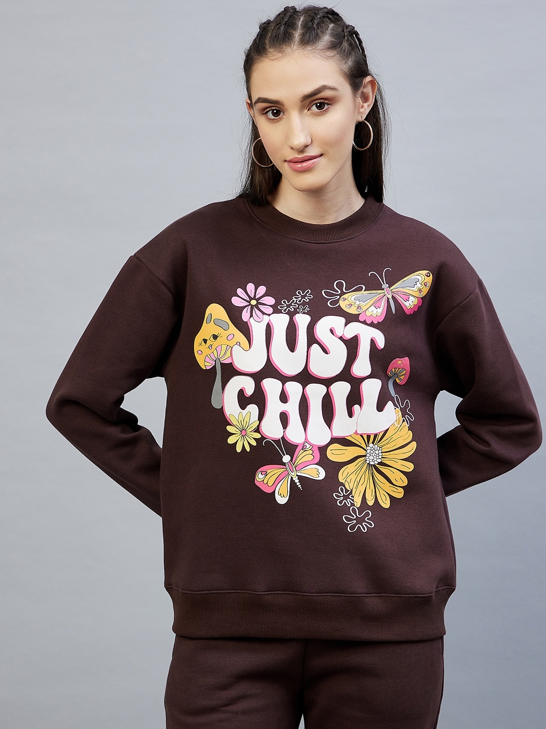 

DELAN Women Coffee Brown Printed Fleece Round Neck Sweatshirt