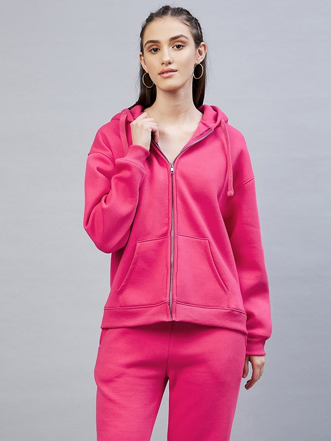 

DELAN Women Pink Solid Fleece Hooded Sweatshirt