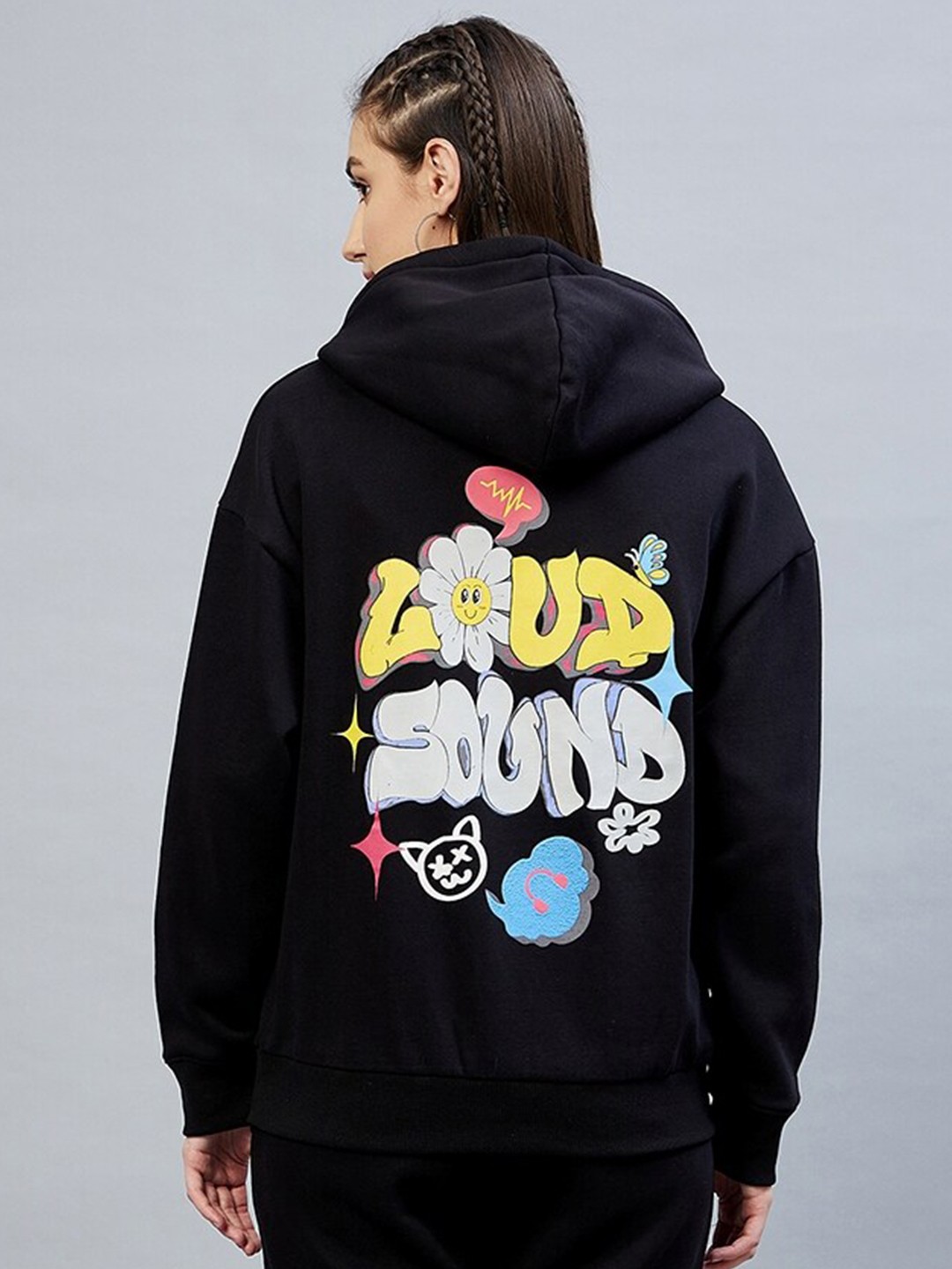 

DELAN Women Black Printed Hooded Sweatshirt