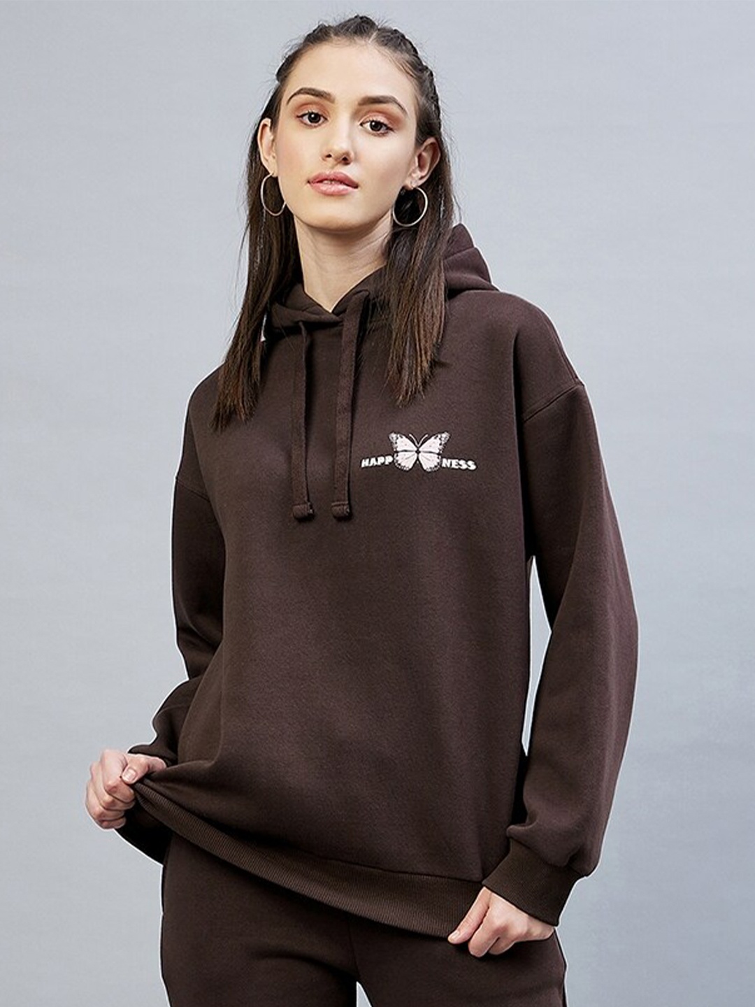 

DELAN Women Coffee Brown Solid Hooded Sweatshirt