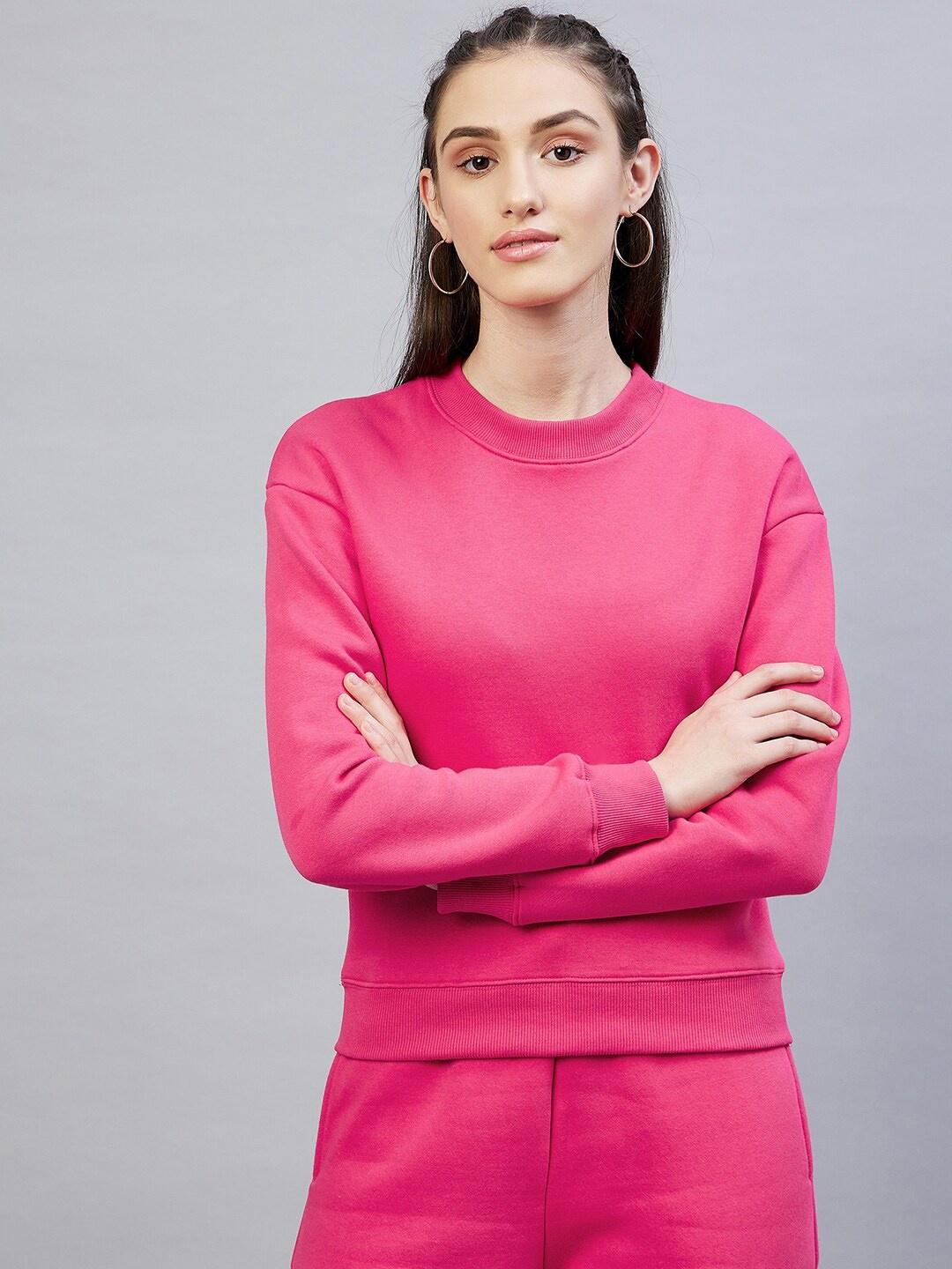 

DELAN Women Pink Solid Fleece Round Neck Sweatshirt