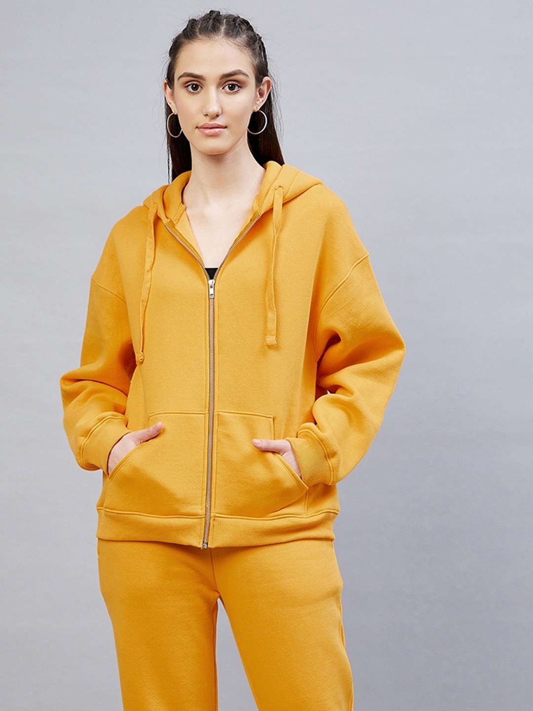

DELAN Women Yellow Solid Fleece Hooded Front-Open Sweatshirt