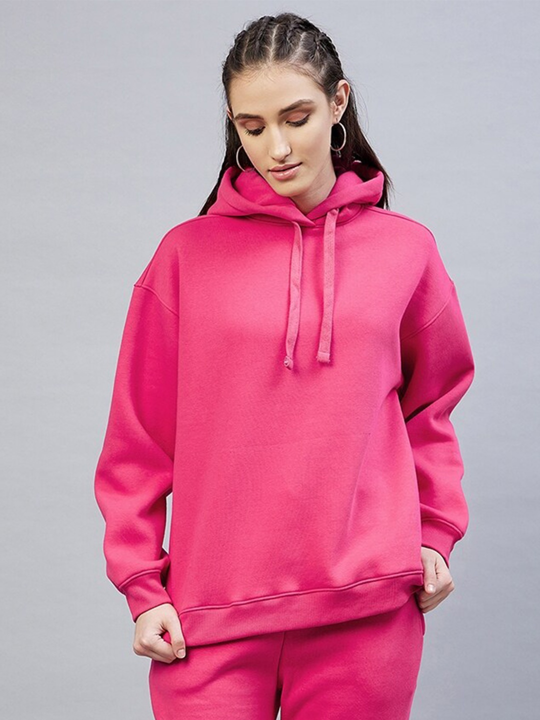 

DELAN Women Pink Solid Fleece Hooded Sweatshirt