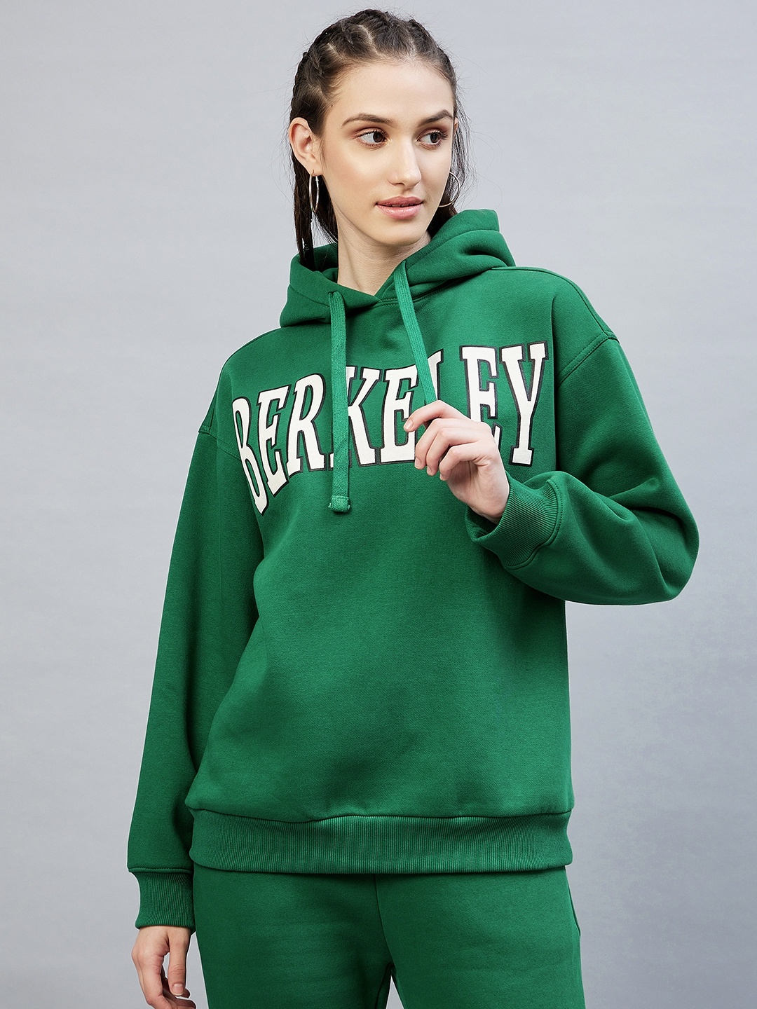 

DELAN Women Green Printed Fleece Hooded Sweatshirt