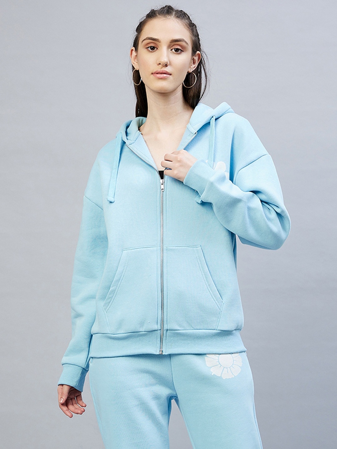 

DELAN Women Turquoise Blue Solid Fleece Hooded Front-Open Sweatshirt