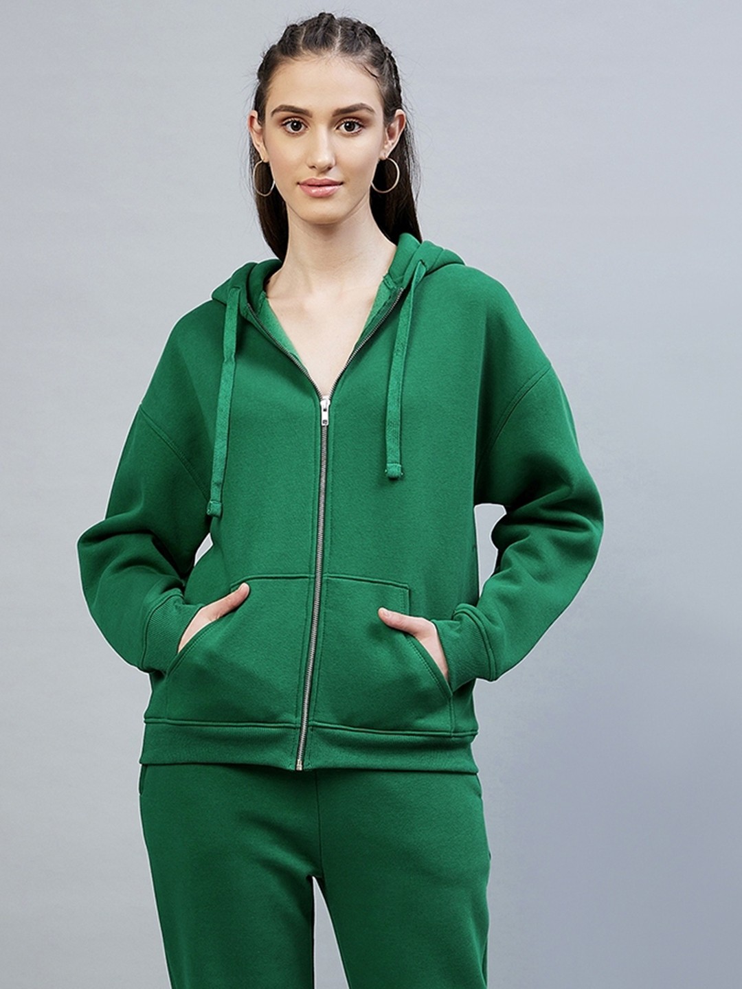 

DELAN Women Green Solid Fleece Hooded Front-Open Sweatshirt