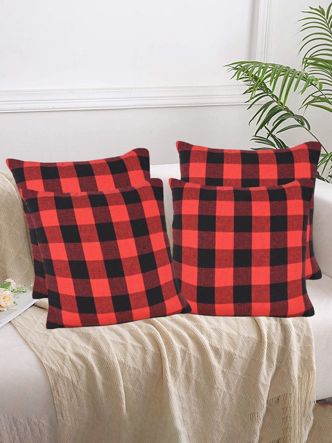 

Lushomes Red & Black 4 Pieces Checked Cotton Square Cushion Covers