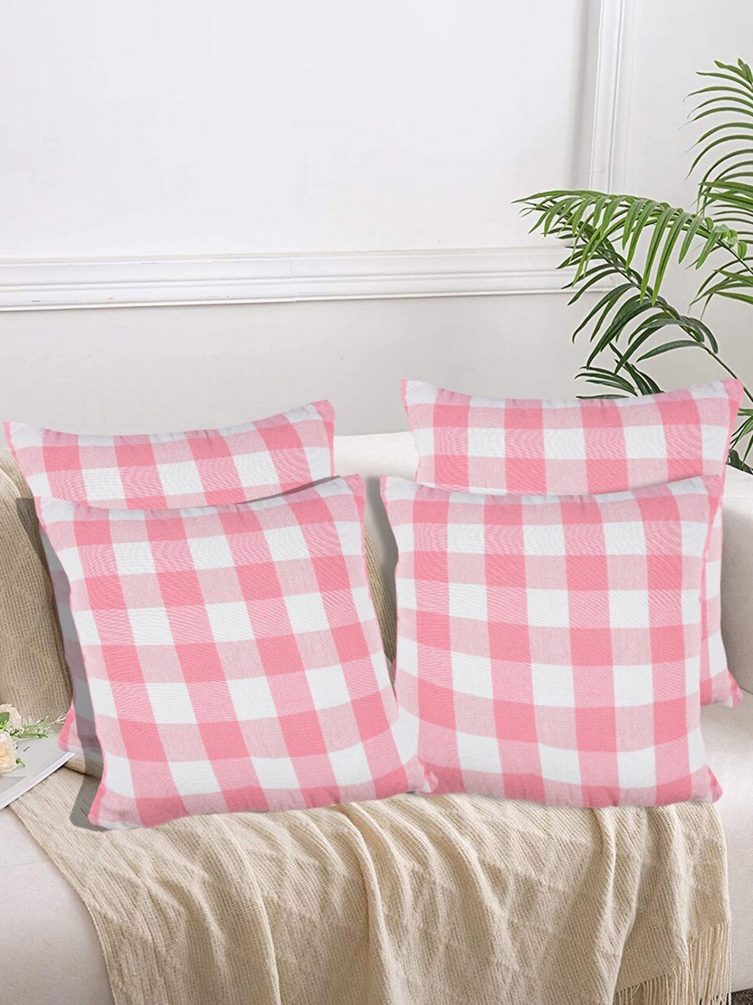 

Lushomes Pink & White 4 Pieces Checked Cotton Square Cushion Covers