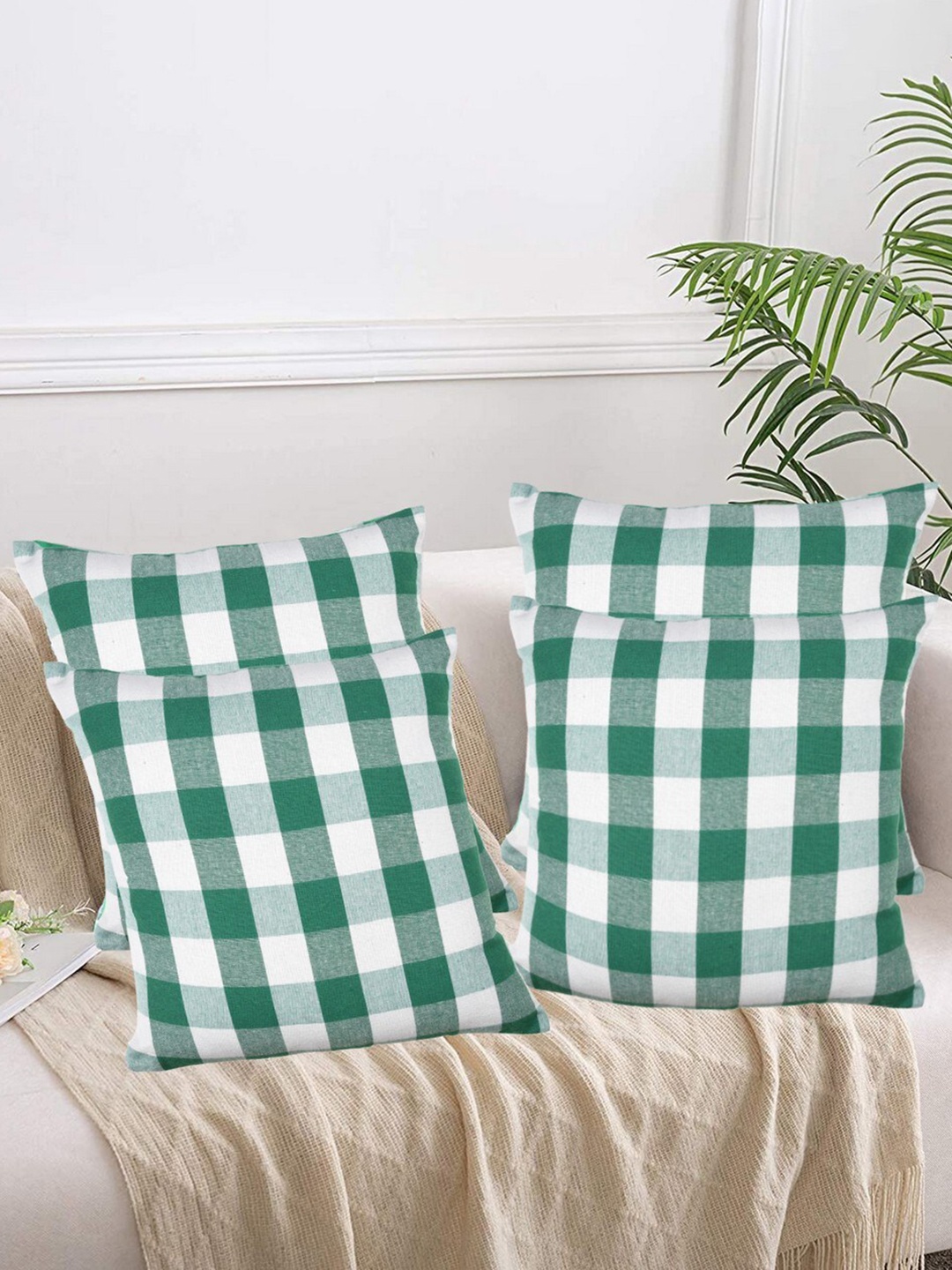 

Lushomes Green & White 4 Pieces Checked Cotton Square Cushion Covers