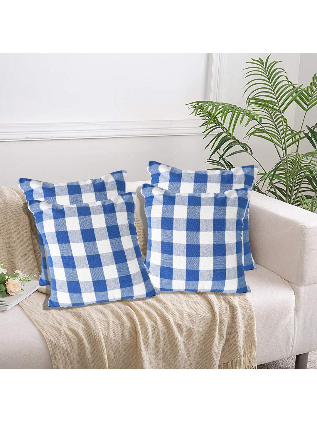 

Lushomes Blue & White 4 Pieces Checked Cotton Square Cushion Covers