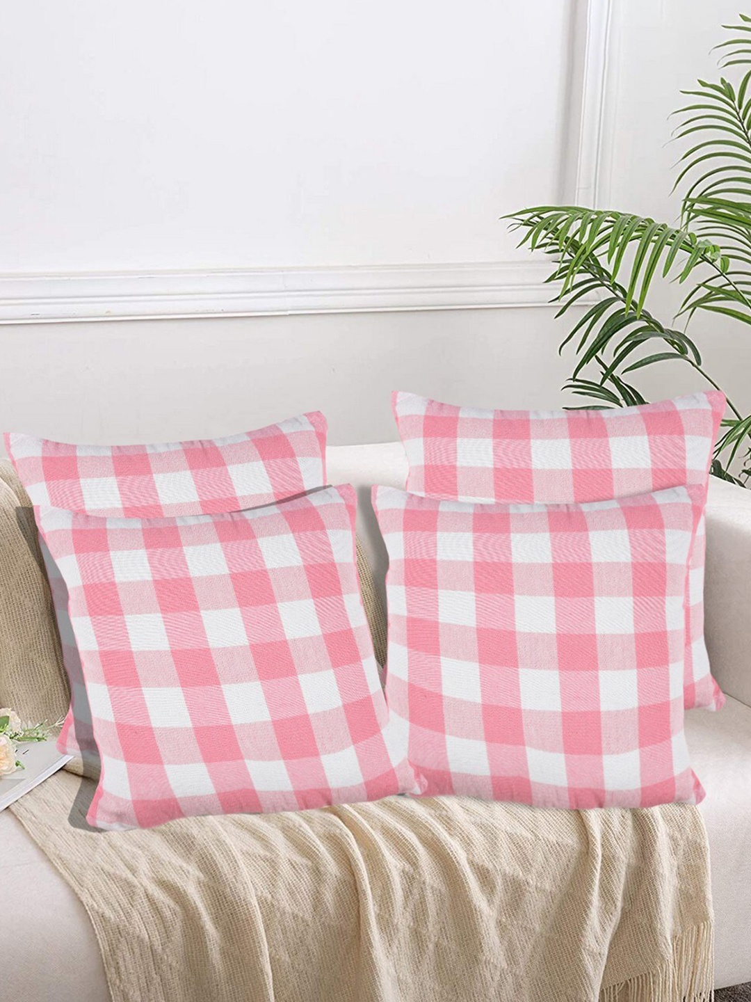 

Lushomes Pink & White 4 Pieces Checked Cotton Square Cushion Covers