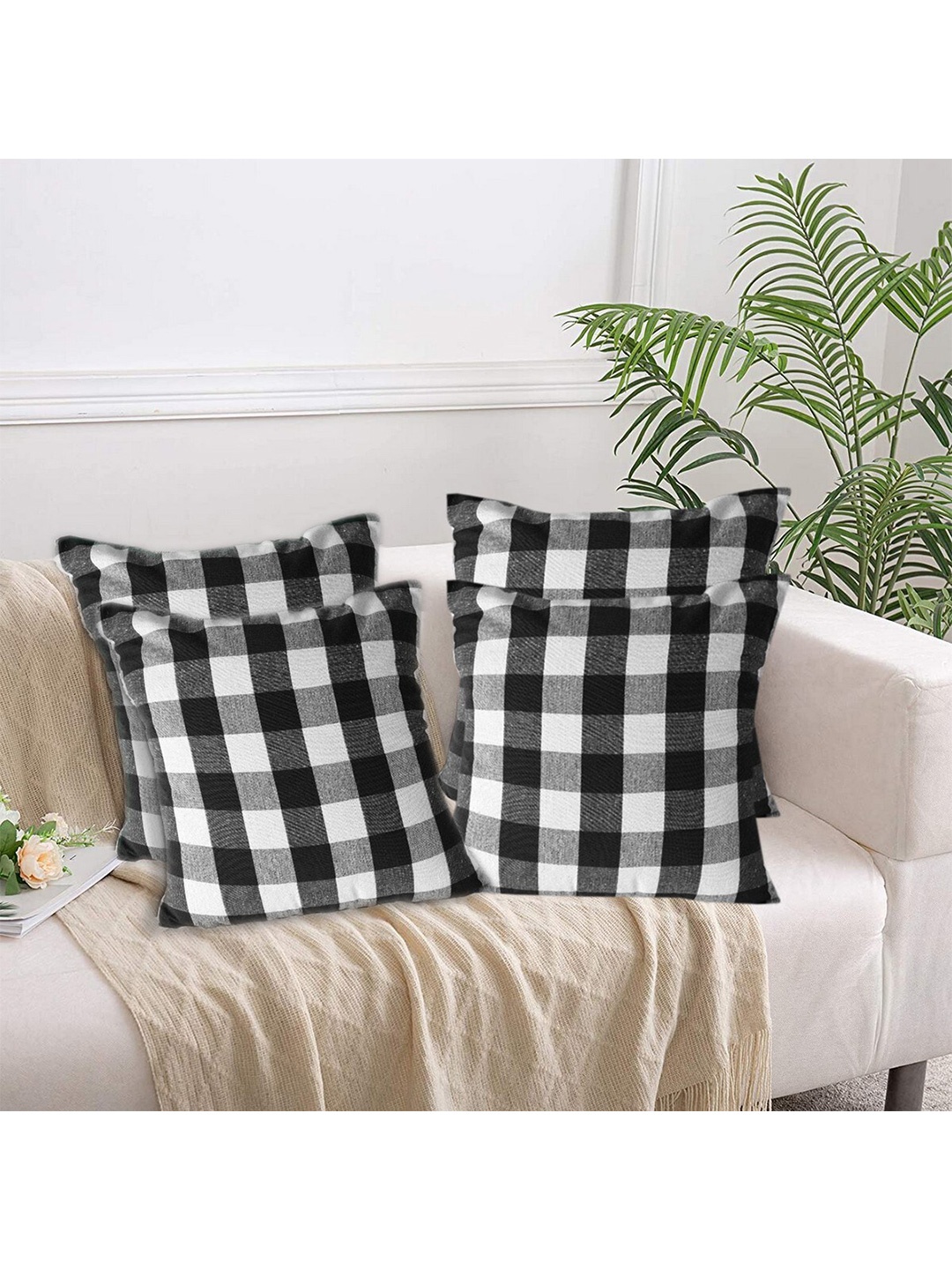 

Lushomes Black & White 4 Pieces Checked Cotton Square Cushion Covers