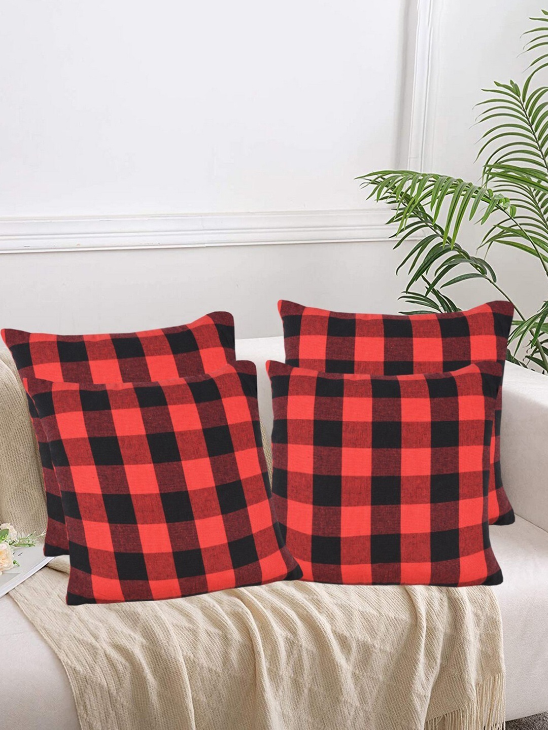 

Lushomes Red & Black 4 Pieces Checked Cotton Square Cushion Covers