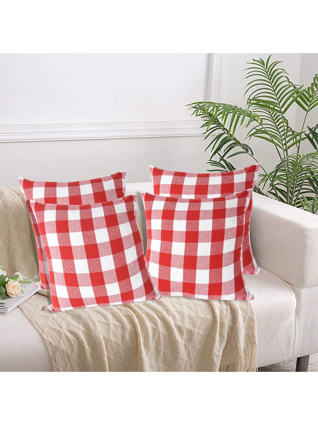 

Lushomes Red & White 4 Pieces Checked Cotton Square Cushion Covers